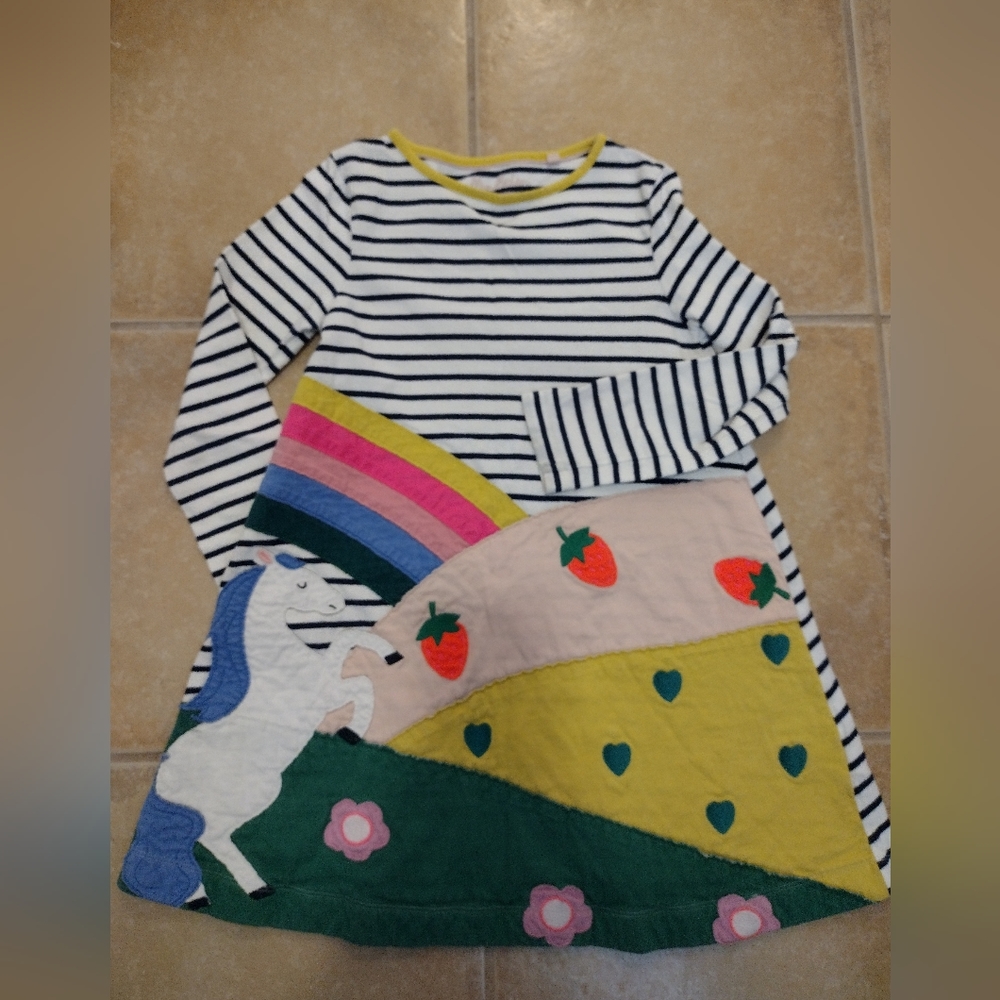 Mini Boden girl striped unicorn rainbow patch long sleeve tunic dress 7-8y
